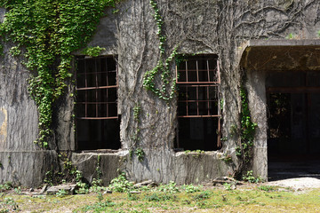 日本の広島県の大久野島の日本軍の工場の跡地の廃墟