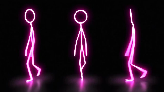 Girl and boy stickman looping casual walk in perspective front and side view in a neon style