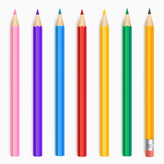 Collection of colour pencils isolated on white background. Art material for drawing. School supplies. Vector illustration.