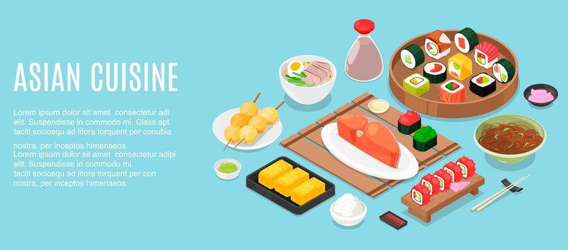 Horizontal banner template with tasty meals of Malaysian cuisine or frame made of delicious spicy Asian restaurant dishes lying on plates, top view. Colorful Asia oriental food vector illustration.