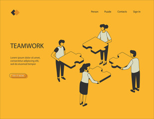 Isometric image on a yellow background work together. Visualization of characters, men and girls holding puzzles. Can be used in infographics, on banners. Vector illustration.