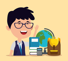 boy with bloba map and books with backpack and calculator