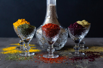 Colourful various herbs and spices for cooking on isolated background
