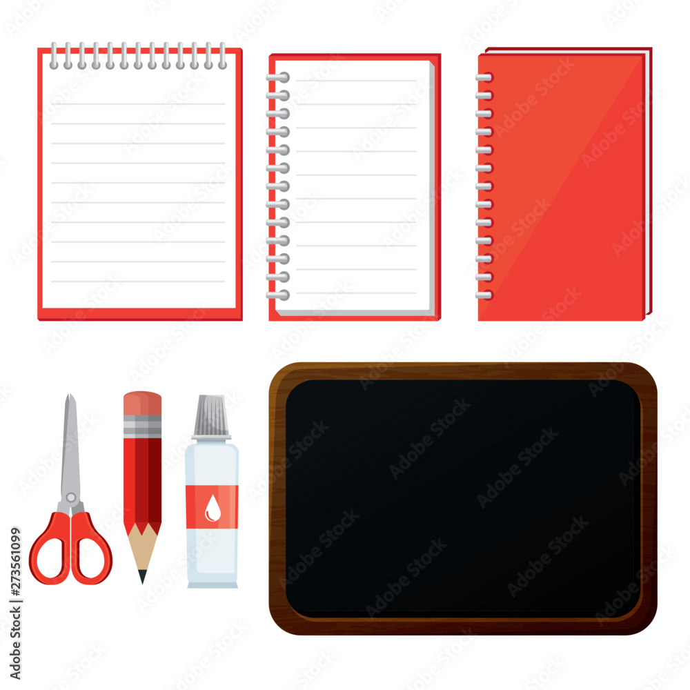 Poster set of notebook with scissors and pencil with blackboard
