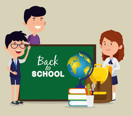 boys and girl with blackboard and books and global map