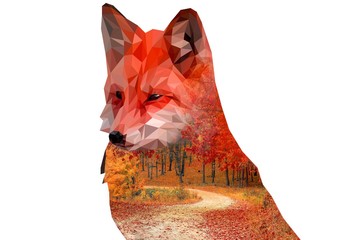 Fox, autumn forest, double exposure on a homogeneous background