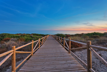 Fototapeta na wymiar Weathered lumber path leading to calm sea during beautiful sunset