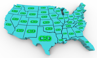 CBD Cannabidiol Hemp Marijuana Cannabis USA United States America Map 3d Illustration