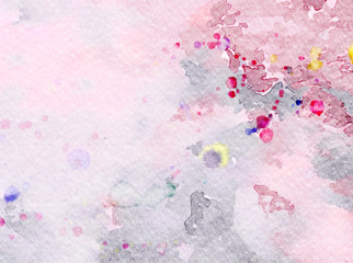 Abstract watercolor background with wet splashes of paint on paper. Good as backdrop print of cards, flyers, invitations and other creative making production.