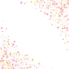 Gold, pink and rose color round confetti dots, circles scatter on white.