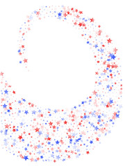 Flying red blue white star sparkles on white vector american patriotic background.