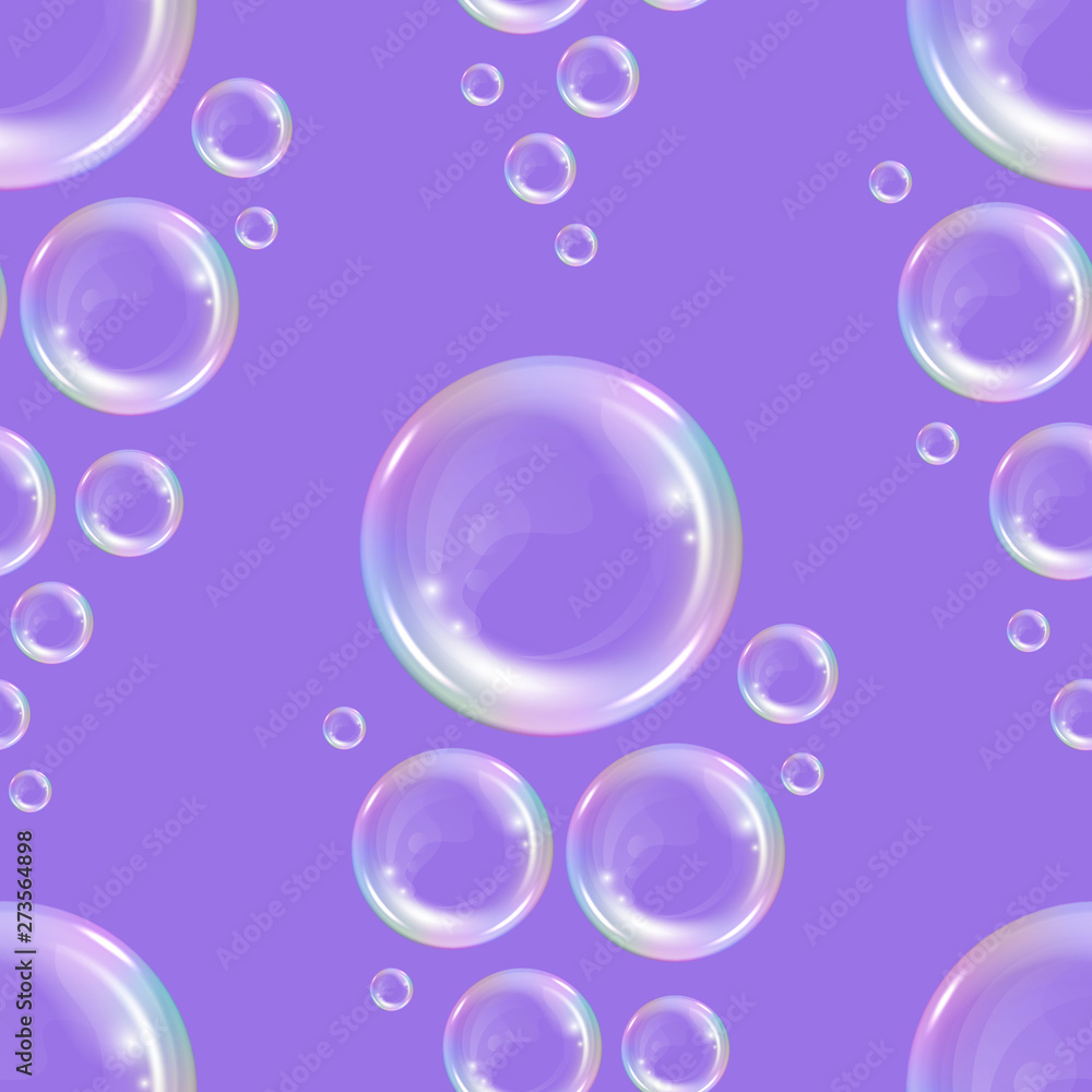 Wall mural Seamless pattern with realistic transparent floating soap bubbles with rainbow reflection. Design element for advertising booklet, flyer or poster