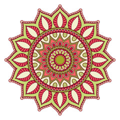 Decorative colorful ethnic mandala pattern. Design element for greeting card, banner or poster in oriental style. Hand drawn illustration