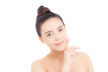 Obraz na płótnie Canvas Portrait of beautiful woman asian makeup of cosmetic, girl hand touch cheek and smile attractive, face of beauty perfect with wellness isolated on white background with skin healthcare concept.