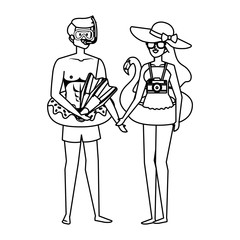 young couple with float and equipment diving