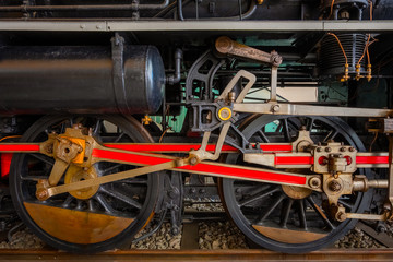 Wheel mechanics of a vintage steam locomotive