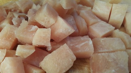 Fresh finely chopped chicken meat steaks with meat fat.