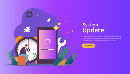 operation system update progress concept. data synchronize process and installation program. illustration web landing page template, banner, presentation, UI, poster, ad, promotion or print media