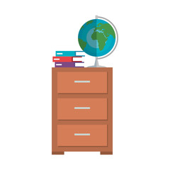 world planet map and books in drawer