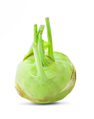 Fresh kohlrabi with green leaves on isolated white backround