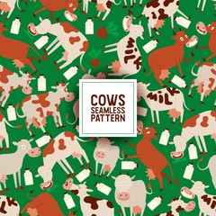 Cute cow eating grass. seamless pattern vector illustration. Smiling animals with bottles of milk. Fresh diary products concept for textile, fabric, wrapping paper. Text milk on cow.