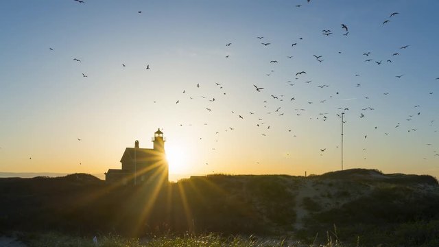 Sunset time lapse at North Lighthouse on Block Island with silhouettes of seagulls 