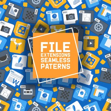 Flat style icon set seamless pattern vector illustration. Audio, song, voice recording, image, word file type, extencion. Document format. Pictogram. Web and multimedia.