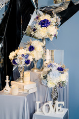 Wedding and party decoration display (red bow, bouquet, flower basket, floral, candle, etc.)