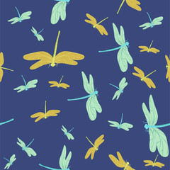 Blue seamless texture with dragonflies. Vector pattern.