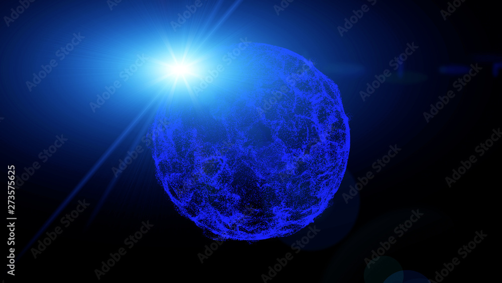 Poster blue sphere plasma futuristic scifi rotate on space background. abstract glowing planet flicker sun 