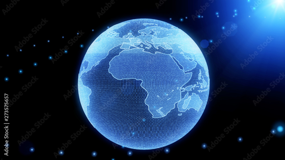 Aufkleber Earth Rotate Hi Technology Of Universe Scifi Graphic Illustration. Abstract Virtual Futuristic Spin Particle Wireframe Globe In Galaxy Space With Blue Sun Flare Shine Idea Concept Design.