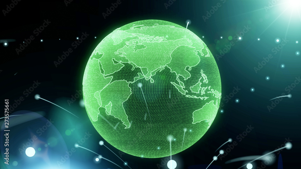 Fototapete Earth Rotate Hi Technology Of Universe Scifi Graphic Illustration. Abstract Virtual Futuristic Spin Particle Wireframe Globe In Galaxy Space With Green Sun Flare Shine Idea Concept Design.