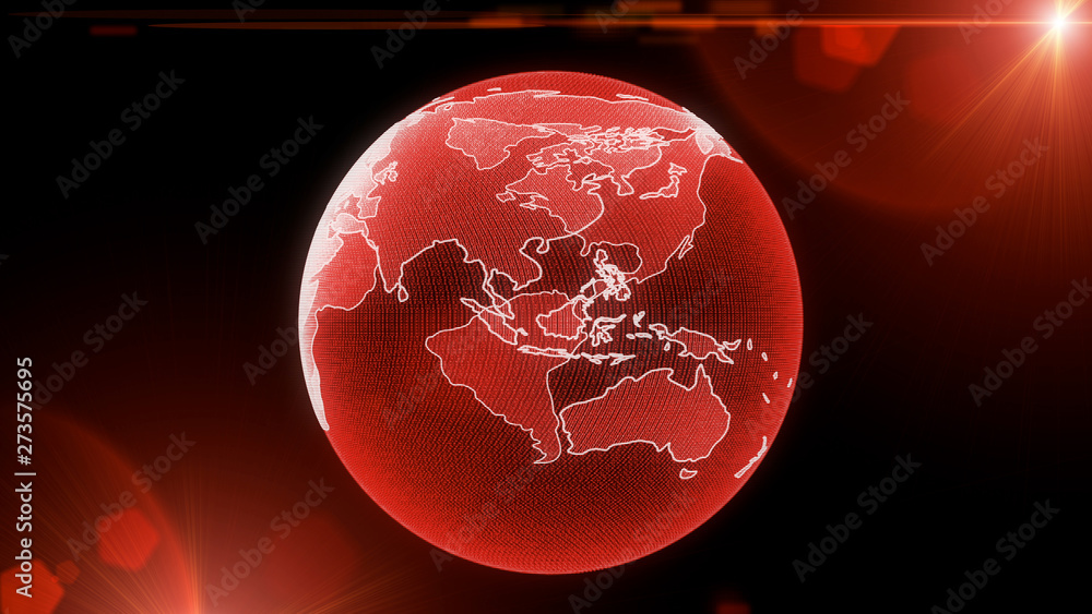 Fototapete Earth Rotate Hi Technology Of Universe Scifi Graphic Illustration. Abstract Virtual Futuristic Spin Particle Wireframe Globe In Galaxy Space With Red Sun Flare Shine Idea Concept Design.