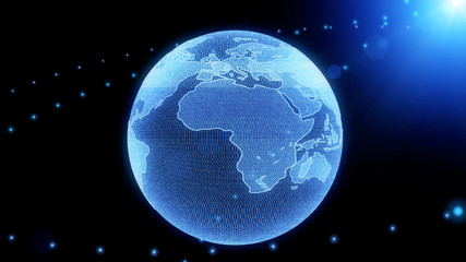 Earth Rotate Hi Technology Of Universe Scifi Graphic Illustration. Abstract Virtual Futuristic Spin Particle Wireframe Globe In Galaxy Space With Blue Sun Flare Shine Idea Concept Design.