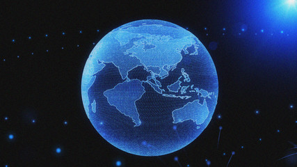 Earth Rotate Hi Technology Of Universe Scifi Graphic Illustration. Abstract Virtual Futuristic Spin Particle Wireframe Globe In Galaxy Space With Blue Sun Flare Shine Idea Concept Design.