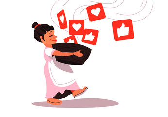 Young girl with a basket grabbing like notifications. Addiction to internet approval and validation. Vector illustration in flat cartoon style