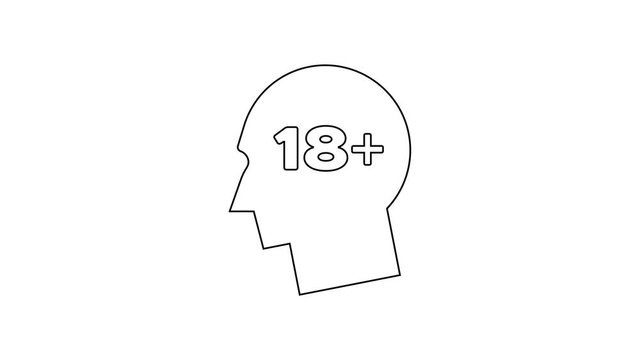 Black Human head with inscription 18 plus line icon on white background. 18 plus content sign. Adults content only icon. 4K Video motion graphic animation