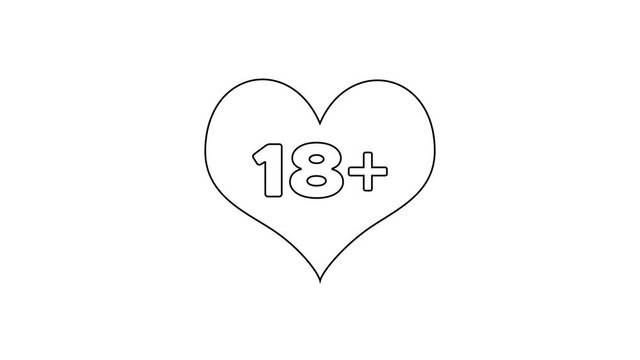 Black 18 plus content heart line icon on white background. Adults content only icon. 4K Video motion graphic animation