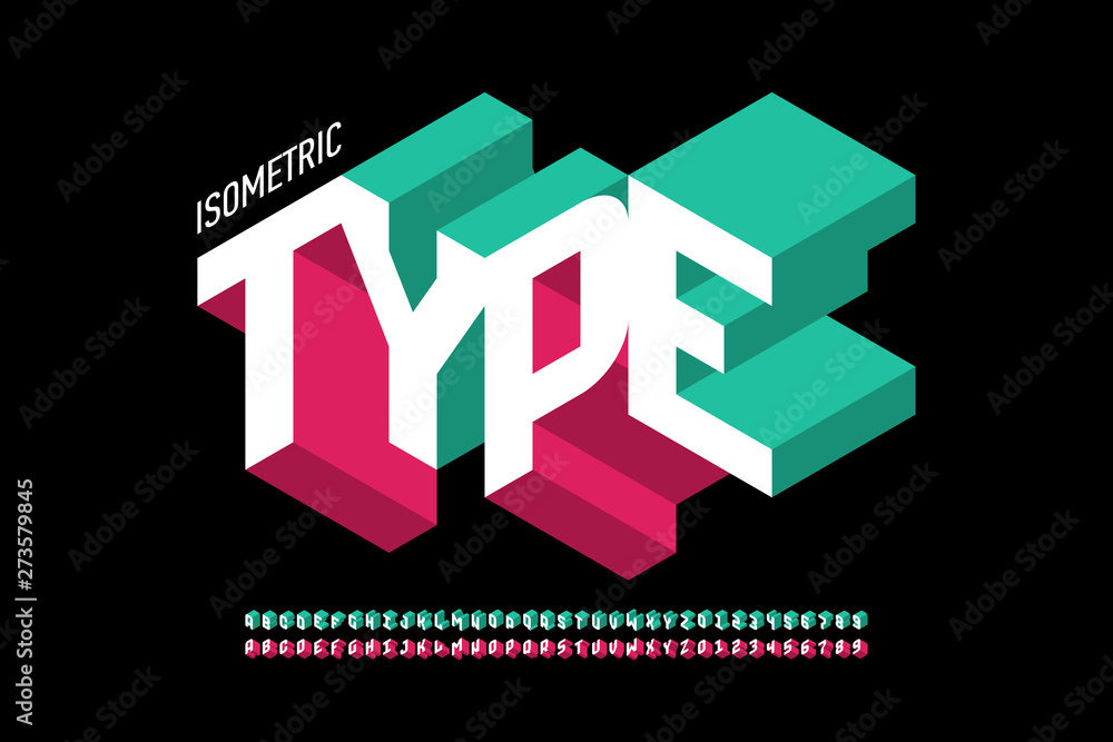 Poster isometric 3d font design, three-dimensional alphabet letters and numbers