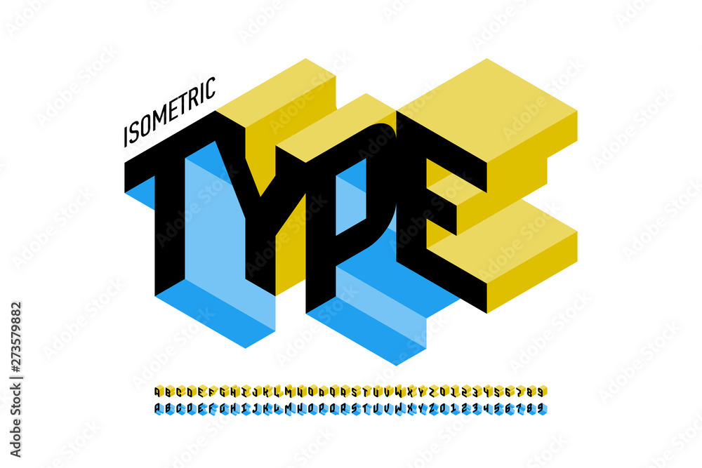 Poster isometric 3d font design, three-dimensional alphabet letters and numbers