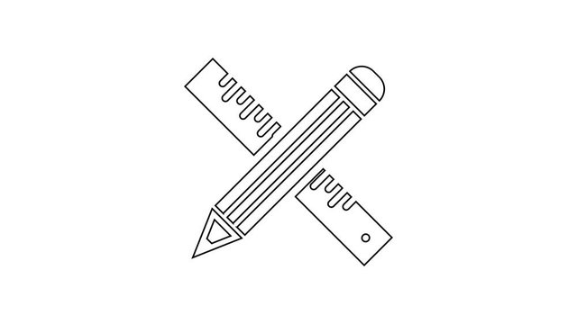 Black Crossed ruler and pencil line icon on white background. Straightedge symbol. Drawing and educational tools. 4K Video motion graphic animation
