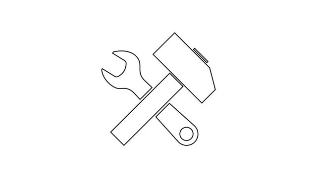Black Crossed hammer and wrench line icon on white background. Hardware tools. 4K Video motion graphic animation