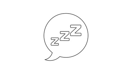 Black Speech bubble with snoring line icon on white background. Concept of sleeping, insomnia, alarm clock app, deep sleep, awakening. 4K Video motion graphic animation