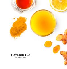 Creative layout made of turmeric tea (curcuma). Flat lay. Drink concept.
