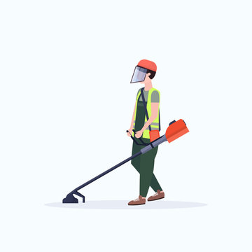 Man Gardener In Uniform Cutting Grass With Brush Cutter Gardening Concept Flat Full Length White Background