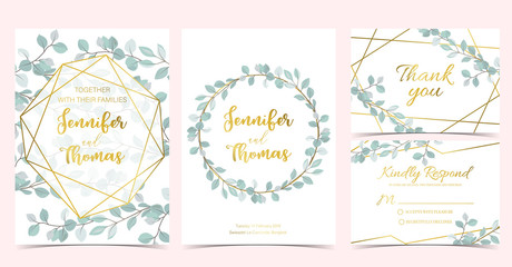 Geometry wedding invitation with wreath and leaves.Vector birthday invitation for kid and baby