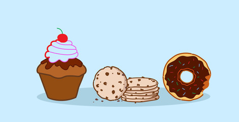 donut muffin cake chip cookies different sweet freshly baked dessert food concept sketch horizontal