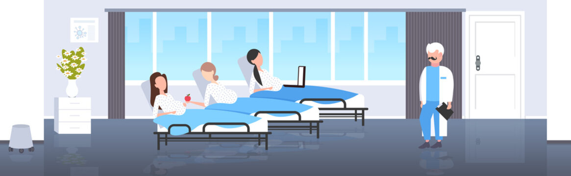 male doctor examining pregnant women lying in hospital bed gynecology consultation pregnancy concept modern clinic interior flat full length horizontal