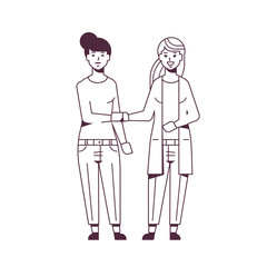 businesswomen handshaking business partners couple hand shake during meeting agreement partnership concept female colleagues standing together sketch doodle line style full length