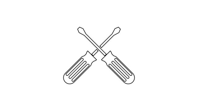 Black Crossed screwdrivers line icon on white background. Service tool symbol. 4K Video motion graphic animation